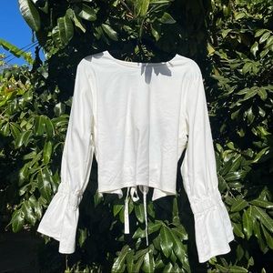 House of Sunny off white knit cutout back tie detail cropped bell sleeve top